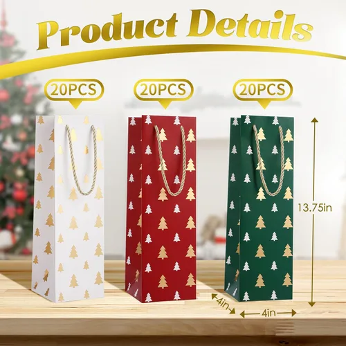 Miniatura 2 de Woanger 60 bolsas de regalo de vino de Navidad, bolsas de papel kraft a granel para botellas de vino con asa, bolsas de regalo de color rojo, verde
