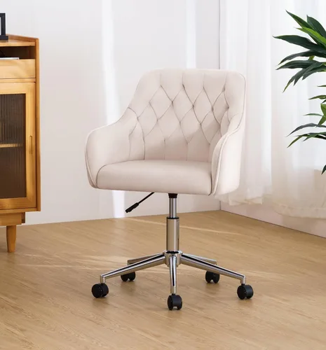 HOFFREE Silla de oficina de terciopelo, bonita silla de tocador con ruedas para dormitorio, silla tapizada para oficina en casa (beige)