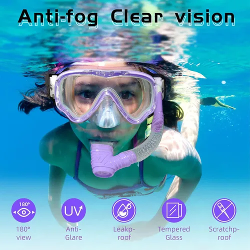 Miniatura 4 de Seago Juego de esnórquel para niños, máscara de esnórquel para niños, niñas, jóvenes, sin fugas, antivaho, visión clara, kit de buceo y natación