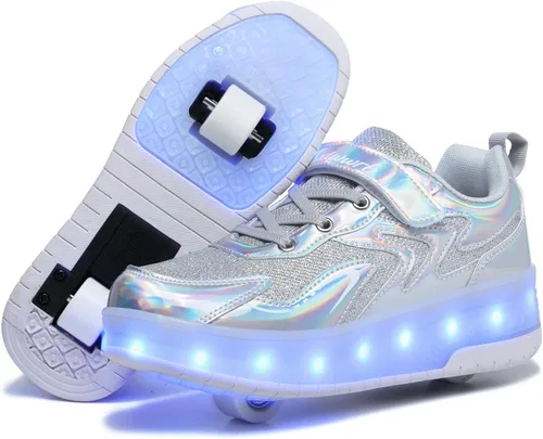 Miniatura 4 de Wooowyet - Tenis con ruedas y luces LED para niños y niñas, con ruedas, USB recargable, cierre de gancho y bucle