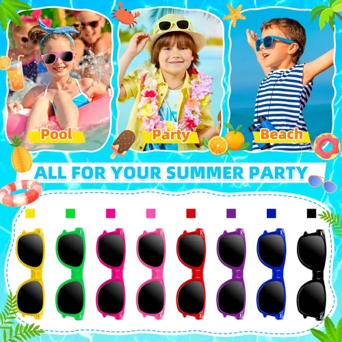 Miniatura 4 de 24 lentes de sol para niños a granel, recuerdos de fiesta para niños y niñas de 3 a 8 años, lentes de sol neón con protección UV400 para verano