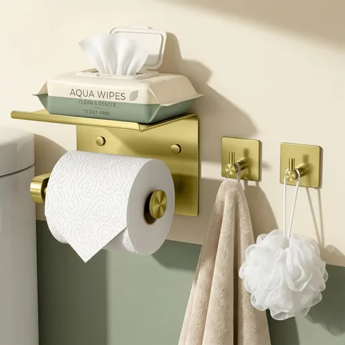 Tindbea Soporte de papel higiénico con estante para teléfono + Ganchos para toallas y albornoz, Dispensador de almacenamiento de rollo de papel Oro