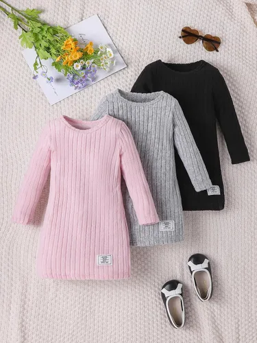 Miniatura 6 de Vestidos para niñas, Juego de 3 vestidos para niñas pequeñas de manga larga de color sólido, elegantes y casuales, con diseño acanalado, talla 2-8