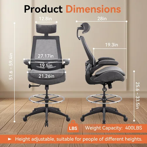 Miniatura 3 de Silla de dibujo ergonómica alta para escritorio de pie, taburete de malla de 400 libras con reposapiés ajustable, cojín de asiento doble y brazos