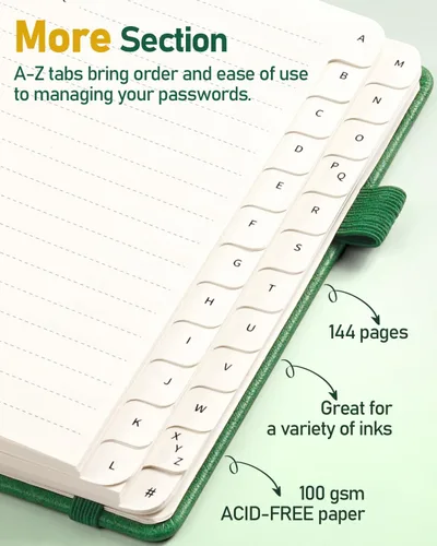 Miniatura 61 de WEMATE Libro de contraseñas con pestañas alfabéticas, libro en espiral para personas mayores, cuaderno de contraseñas de Internet, diario