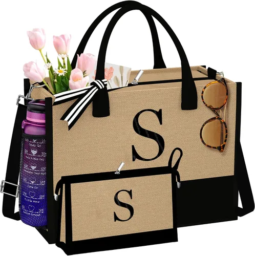 Jute Initial Tote Bag Burlap Beach Bag Personalized Birthday Gifts for Women Teacher Mom Bridal Bridesmaid Gifts