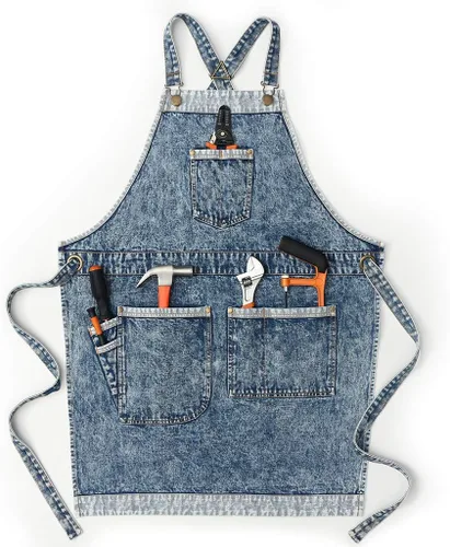 Miniatura 11 de Jeanerlor - Delantales de trabajo de mezclilla con bolsillos para mujeres y hombres, correas cruzadas y ajustables de S a XXXL, Azul mezclilla Azul