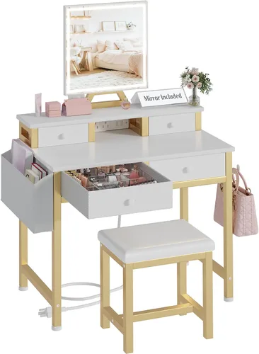Pequeño escritorio de maquillaje con luces, juego de tocador para niñas de 31 pulgadas con espejo y silla, tocador de maquillaje con cajones y toma