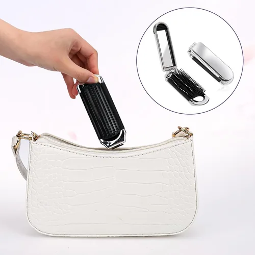 Miniatura 3 de Paquete de 1 cepillo de pelo compacto plegable con espejo, peine de masaje de bolsillo de viaje para peinar el cabello, gimnasio, viajes y bolso
