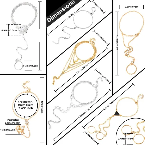 Miniatura 2 de 6 unidades de cadena de anillo de pulsera de dedo vinculado y anillo adjunto arnés de mano ajustable para mujeres y niñas