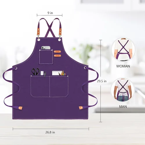 Miniatura 2 de OUNLEN Delantal de Chef para Hombres y Mujeres de Lona con 3 Bolsillos, Delantal Resistente de Trabajo con Espalda Cruzada para Cocinar Púrpura
