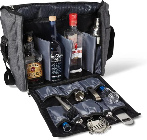 Bolsa de Barra de Viaje Gris y Negro, Resistente al Agua, Suministros para Bar, Bolsillos para Llevar Kit de Cócteles (Solo Bolsa), 13.8H X 12.5W X