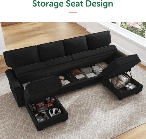 Miniatura 3 de HONBAY - Sofá seccional con asiento de almacenamiento de terciopelo, en forma de U, con tumbona reversible, sofá seccional convertible para sala