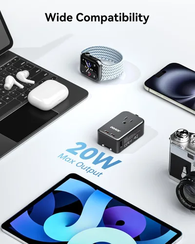 Miniatura 6 de DOACE Adaptador de viaje Pico de 20 W, adaptador de corriente universal de 5 puertos, 1 CA, 2 USB C y 2 USB-A, adaptador de enchufe internacional