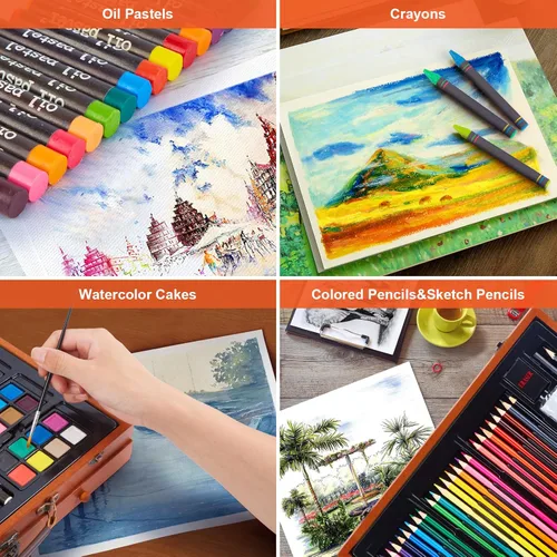 Miniatura 6 de Paquete de 22 herramientas de dibujo de bocetos con juego de arte de lujo de 141 piezas, estuche de pintura de madera y kit de suministros de arte