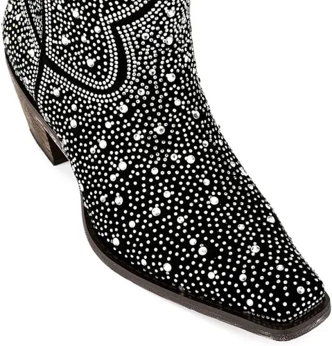 Miniatura 6 de sexytag Botas vaqueras brillantes con diamantes de imitación para mujer, tacón bajo y grueso, punta cuadrada, botines de meter