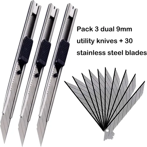 Miniatura 7 de Cuchillo utilitario de 0.354 in a presión, paquete de 3 cortadores retráctiles de alta dureza con 30 cuchillas a presión, cortador de pasatiempos