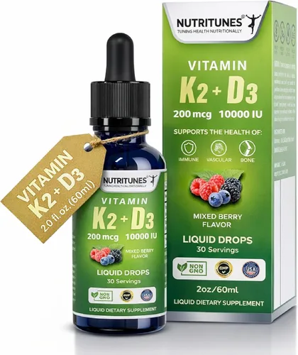 Gotas líquidas K2 D3 – Vitamina D3 10,000 UI y vitamina K2 200 mcg – Suplemento de alta potencia para la salud ósea, inmune y cardíaca – Sabor mixto