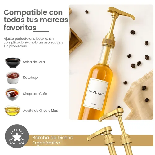 Miniatura 3 de Paquete de 6 bombas de jarabe de botellas de plástico dorado – Se adapta a botellas de 25.4 onzas – Compatible con Torani y más – IMPORTANTE: no se