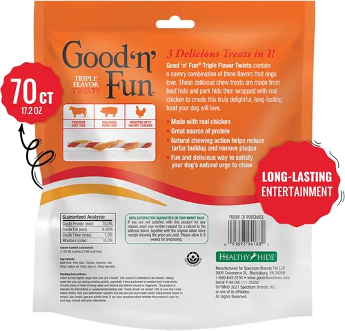 Miniatura 2 de Good 'n' Fun Twists - Golosina para perros de larga duración, con proteínas reales, piel de res y pollo premium, apoya la salud dental, estimulación