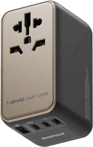 Miniatura 13 de MOMAX Adaptador de viaje universal 7 en 1, adaptador de enchufe de viaje europeo GaN 45W para iPhone 17, 3 USB-C PD y 2 USB-A QC, 2 AC, adaptador