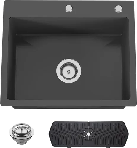 Miniatura 11 de Fregadero Negro de Cocina y Bar, Fregadero de Cocina de Acero Inoxidable de 15 x 17 Pulgadas para Empotrar, Fregadero de Bar Moderno de Un Solo