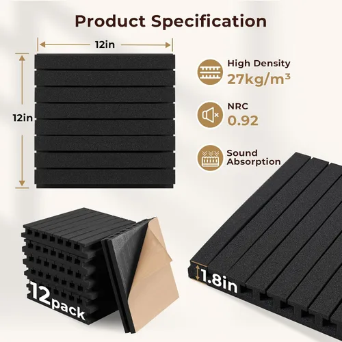 Miniatura 7 de Vangoa Paquete de 12 paneles acústicos autoadhesivos a prueba de sonido para paredes de 12 x 12 x 2 pulgadas, espuma absorbente de sonido