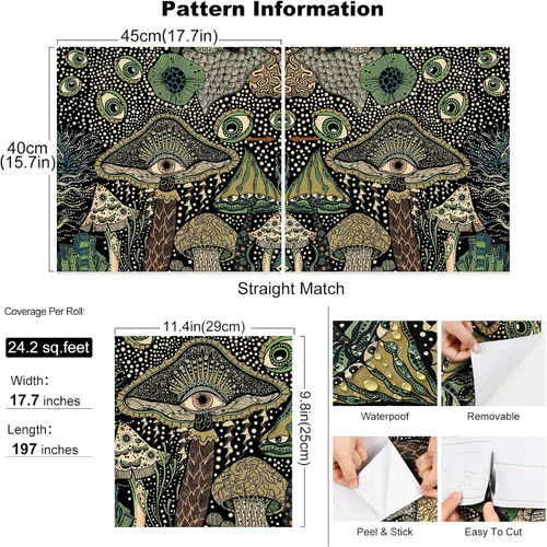Miniatura 5 de WENMER Papel tapiz de hongos bohemio con diseño floral para despegar y pegar, papel de contacto autoadhesivo para dormitorio y baño, 17.7 pulgadas x