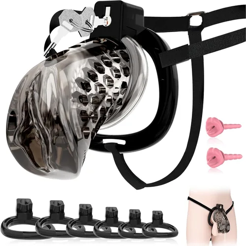 Miniatura 10 de Jaula de castidad masculina, jaula de pene suave y ligera con 6 tamaños de anillos, cómodo dispositivo de castidad para hombres, perfecto para uso a