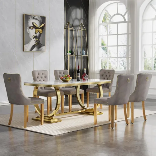 Miniatura 15 de HomVent Juego de mesa de comedor moderna de mármol sintético para 4 personas, mesa de cocina rectangular con 4 sillas beige (dorado)