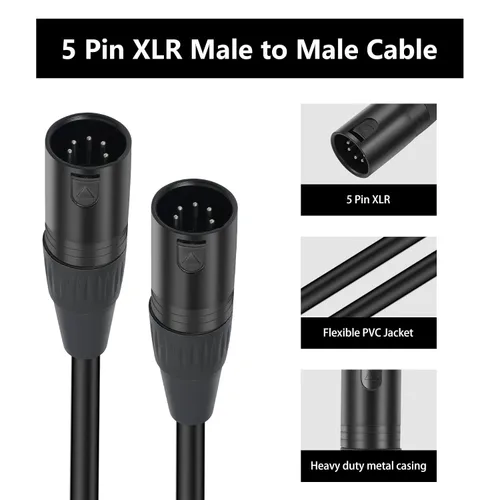 Miniatura 3 de Paquete de 2 cables XLR macho a macho de 5 pines, DMX 512 5 PIN XLR Lightspeed Controller Cable de 2 pies, negro