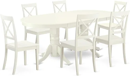 East West Furniture VABO7-LWH-W - Juego de comedor de 7 piezas compuesto por una mesa de comedor ovalada con hojas de mariposa y 6 sillas de asiento