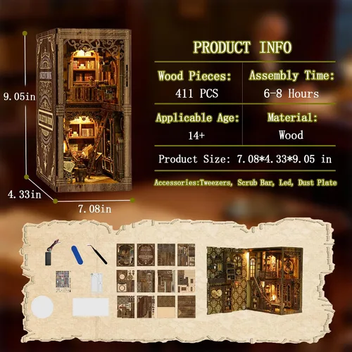 Miniatura 2 de Kit de rincón de libros, kit de casa en miniatura para adultos y adolescentes, rompecabezas de madera 3D para decoración de estantería, regalos