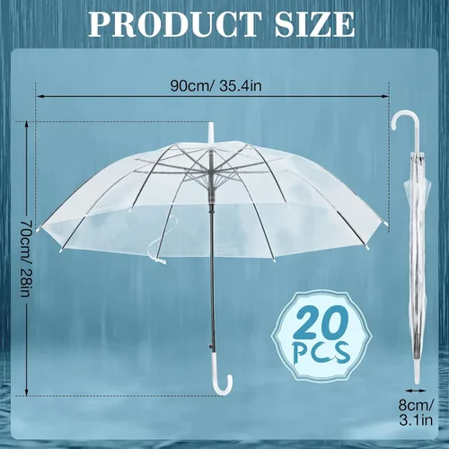 Miniatura 8 de Saintrygo Paquete de 20 sombrillas de boda con mango de gancho en J, resistentes al viento, paraguas grande de burbujas para adultos y niños, lluvia