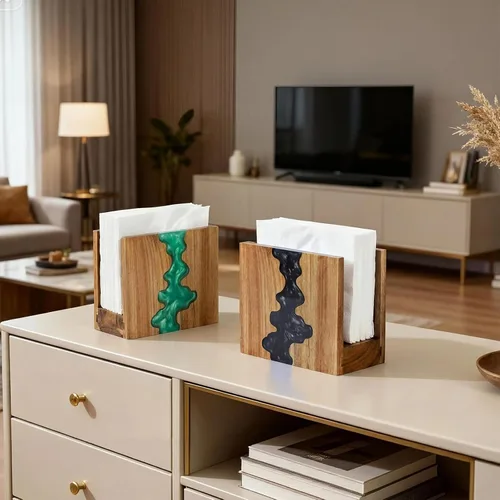 Miniatura 5 de Servilletero artístico, madera de acacia y resina epoxi azul con patrón de ondas oceánicas, base antideslizante gruesa para encimera de cocina