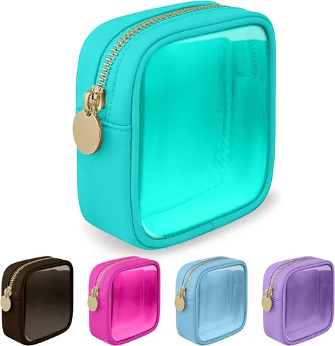 Miniatura 19 de izuzta Bolsa de maquillaje pequeña de nylon para bolso, linda bolsa de cosméticos con cremallera, bolsa de maquillaje preppy, Azul, Mini 2-Azul