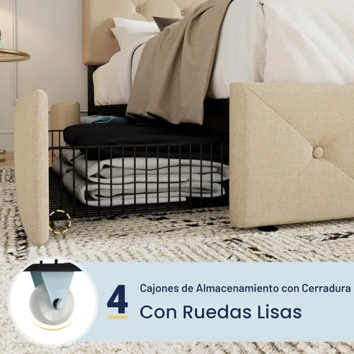 Miniatura 5 de Allewie - Base de cama con plataforma tamaño King, tapizada, con 4 cajones de almacenamiento y cabecera, diseño tapizado cosido en forma de diamante