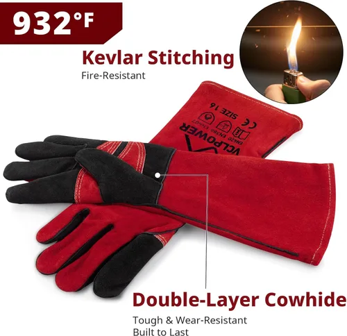 Miniatura 4 de vclpower Guantes de soldadura talla M para mujeres y manos pequeñas, guantes de forja de cuero resistentes al calor extremo al fuego para Mig, Tig