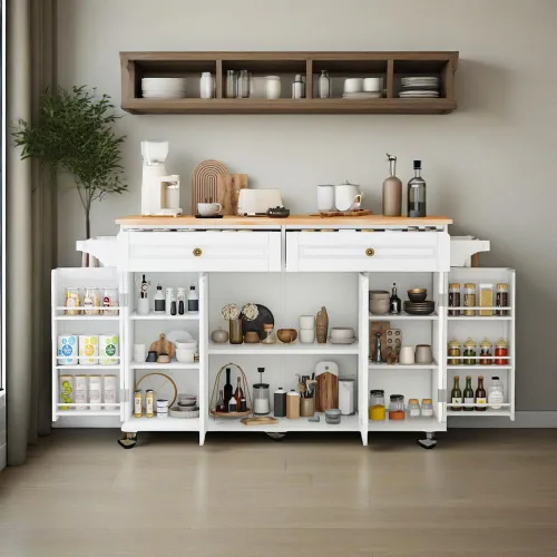 Carrito para isla de cocina con almacenamiento y ruedas, isla de cocina rodante grande de 150 cm con hoja abatible, isla móvil para cocina con