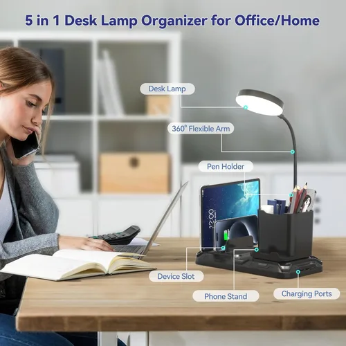 Miniatura 3 de KDD Lámpara de escritorio con puertos de carga USB A y C, luz de escritorio de lectura con bolígrafo y soporte para teléfono, luces de brillo