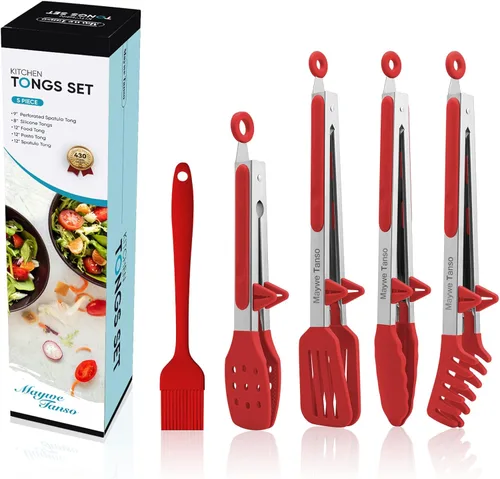 Paquete de 5 pinzas de silicona para cocinar, Maywe Tanso 4 piezas pinzas de cocina de 13 pulgadas con puntas de silicona, pinzas de acero Rojo 5pcs