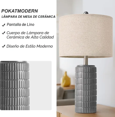 Miniatura 5 de PoKat Juego de 2 lámparas de mesa de cerámica gris oscuro de 23 pulgadas para sala de estar, lámparas de noche modernas para dormitorio, lámpara