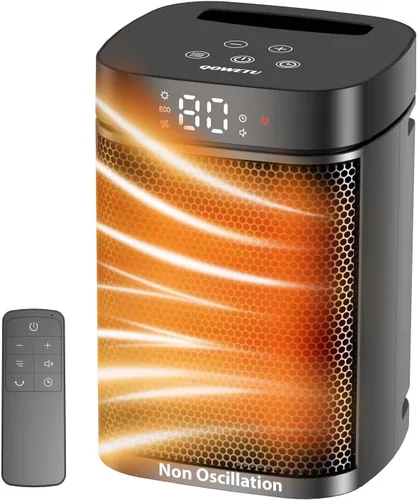 Calentador de espacio portátil pequeño para uso en interiores, calentador eléctrico QOWETU PTC de 1500 W con termostato, control remoto,