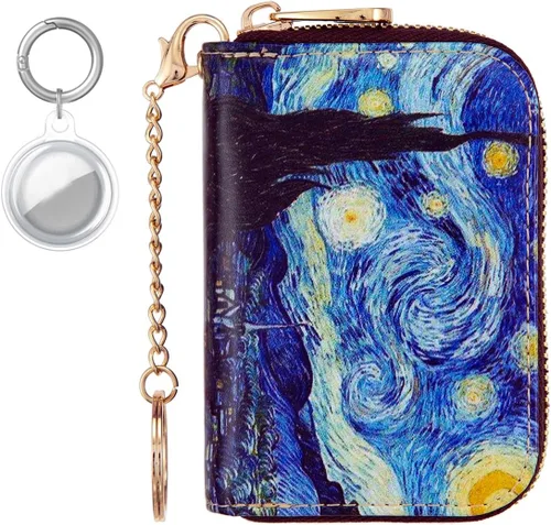 Miniatura 25 de AIRMORS Tarjetero para mujer con cremallera de cuero con cierre RFID bloqueo llavero (AA Mandala in the Galaxy)