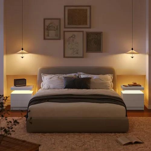 Miniatura 6 de Mesita de noche LED blanca moderna, mesa de cabecera para dormitorio, mesa auxiliar con 2 cajones de madera Blanco profundo