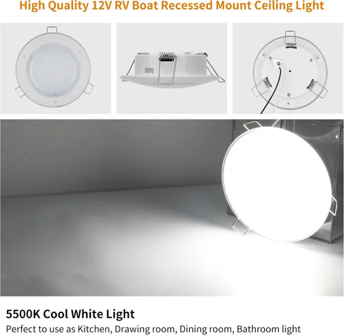 Miniatura 7 de RVZONE Luz LED de Techo Empotrada para RV Barco de 4.5 Pulgadas, Luz LED de Disco para RV de 12 Voltios Blanco Frío, Iluminación Interior Downlight