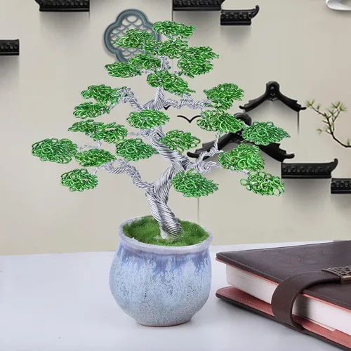 Miniatura 2 de rockcloud Escultura de árbol de dinero de alambre de aluminio con base de cerámica, bonsái de Feng Shui, decoración de oficina en casa para suerte