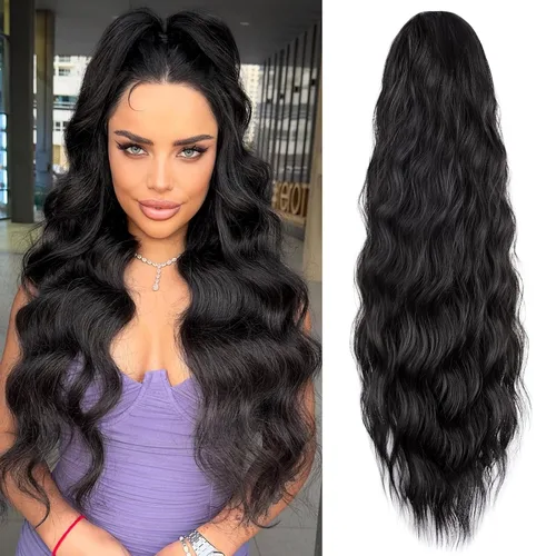 Miniatura 13 de FREEMEIGE Extensiones de cola de caballo largas onduladas con cordón para mujeres, extensiones de cabello con clip para cola de caballo, mezcla