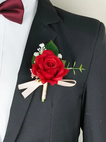 Miniatura 5 de MAFELOE Juego de ramillete de muñeca y boutonniere, accesorios de rosas artificiales para novio, novia, padrinos de boda, damas de honor, boda, Rojo