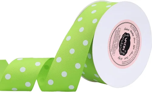 VATIN Cinta de grogrén de lunares para manualidades, carrete de 1-1/2 pulgadas de ancho por 10 yardas, color verde manzana con puntos blancos, uso